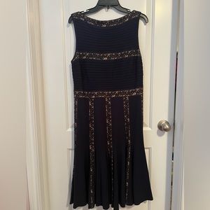 Tadashi Shoji navy and nude pleated dress